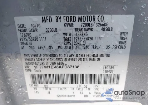 2010 Ford F-150 Fx4/Harley-Davidson/King Ranch/Lariat/Platinum/Xl/Xlt from USA, damaged, VIN 1FTFW1EV8AFD87138